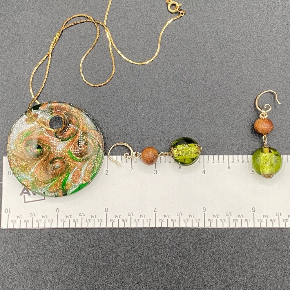 SetsExquisite Murano Glass Pendant and Earring Set in Green and Gold Swirl
