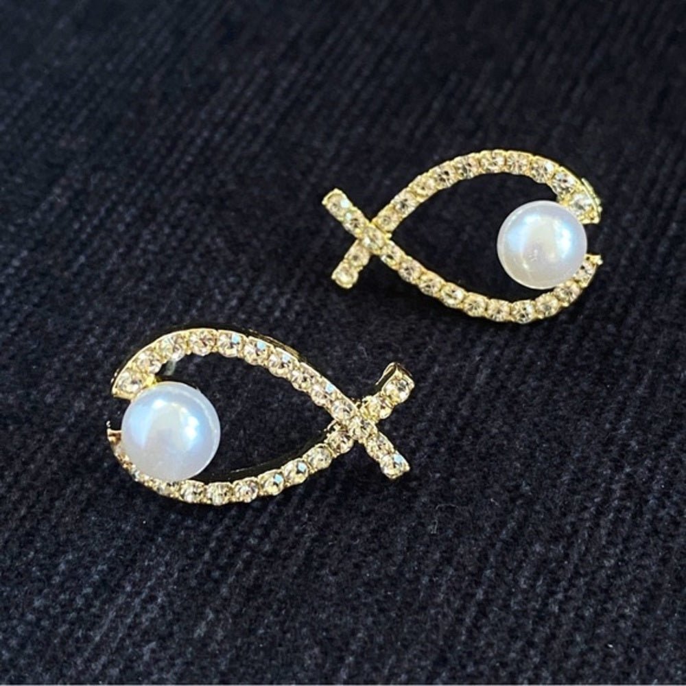 EarringsFaux Pearl and Rhinestone Encrusted Bow Earrings Pierced