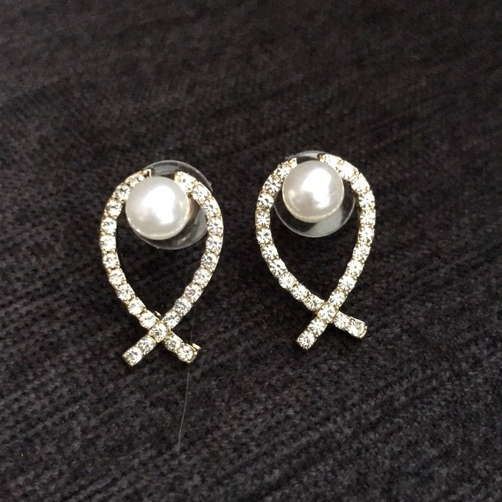 EarringsFaux Pearl and Rhinestone Encrusted Bow Earrings Pierced
