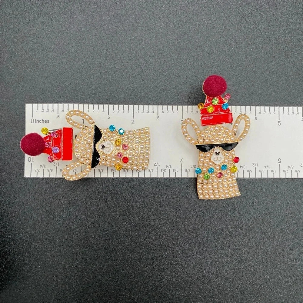 EarringsFestive Llamas with Santa Hat Rhinestone Christmas Earrings — Pierced