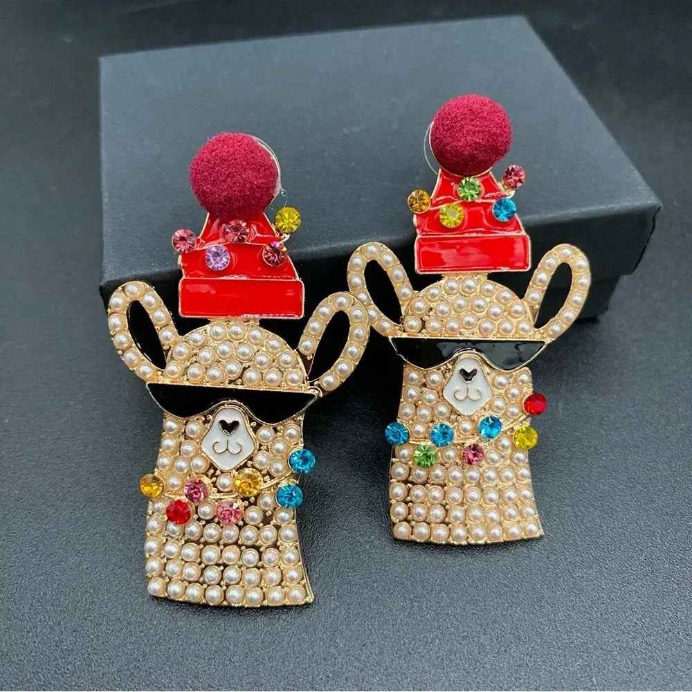 EarringsFestive Llamas with Santa Hat Rhinestone Christmas Earrings — Pierced