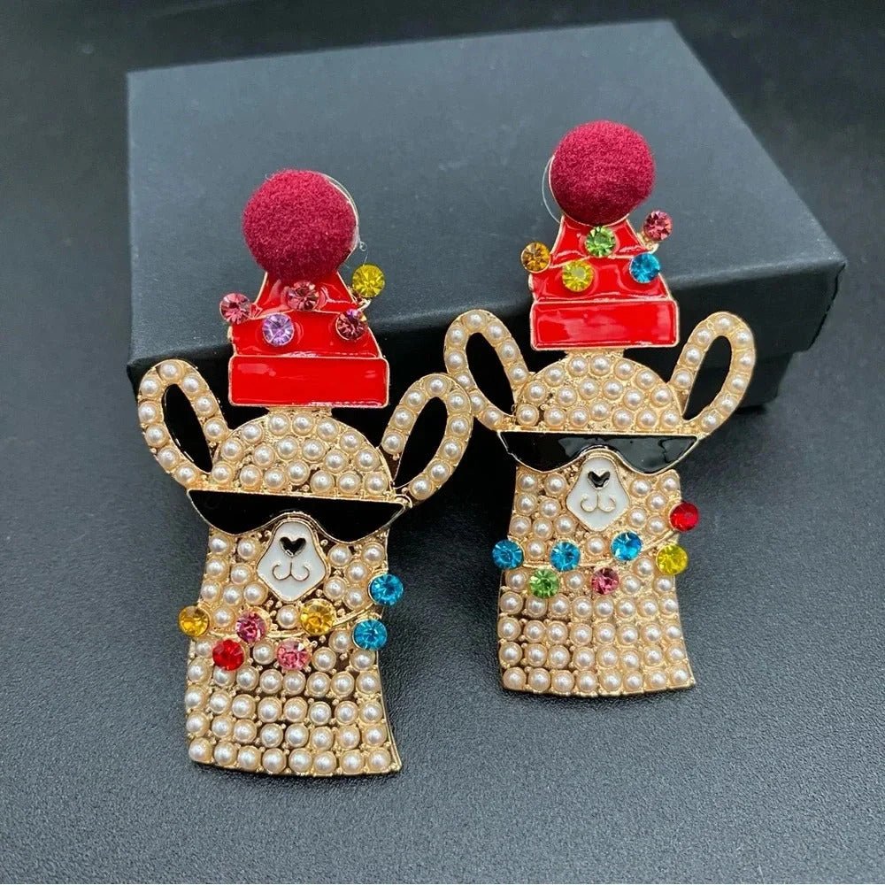 EarringsFestive Llamas with Santa Hat Rhinestone Christmas Earrings — Pierced