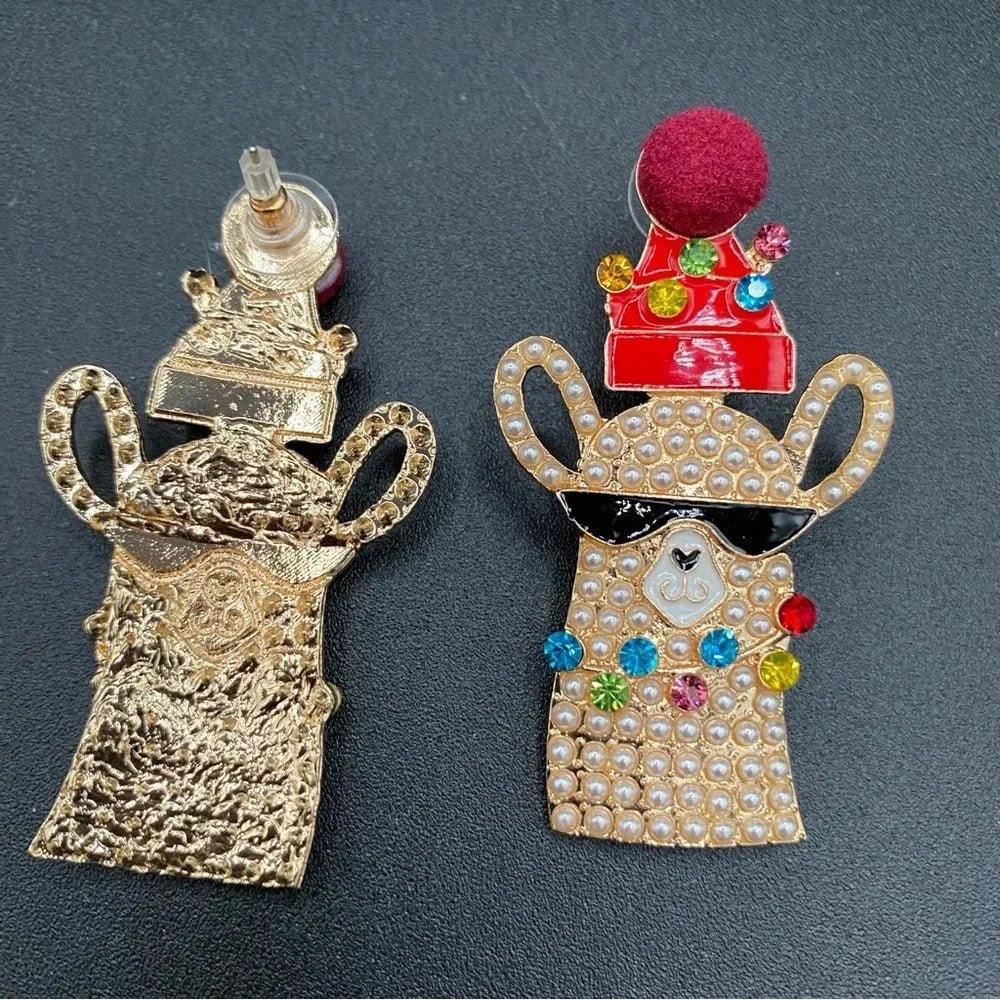 EarringsFestive Llamas with Santa Hat Rhinestone Christmas Earrings — Pierced