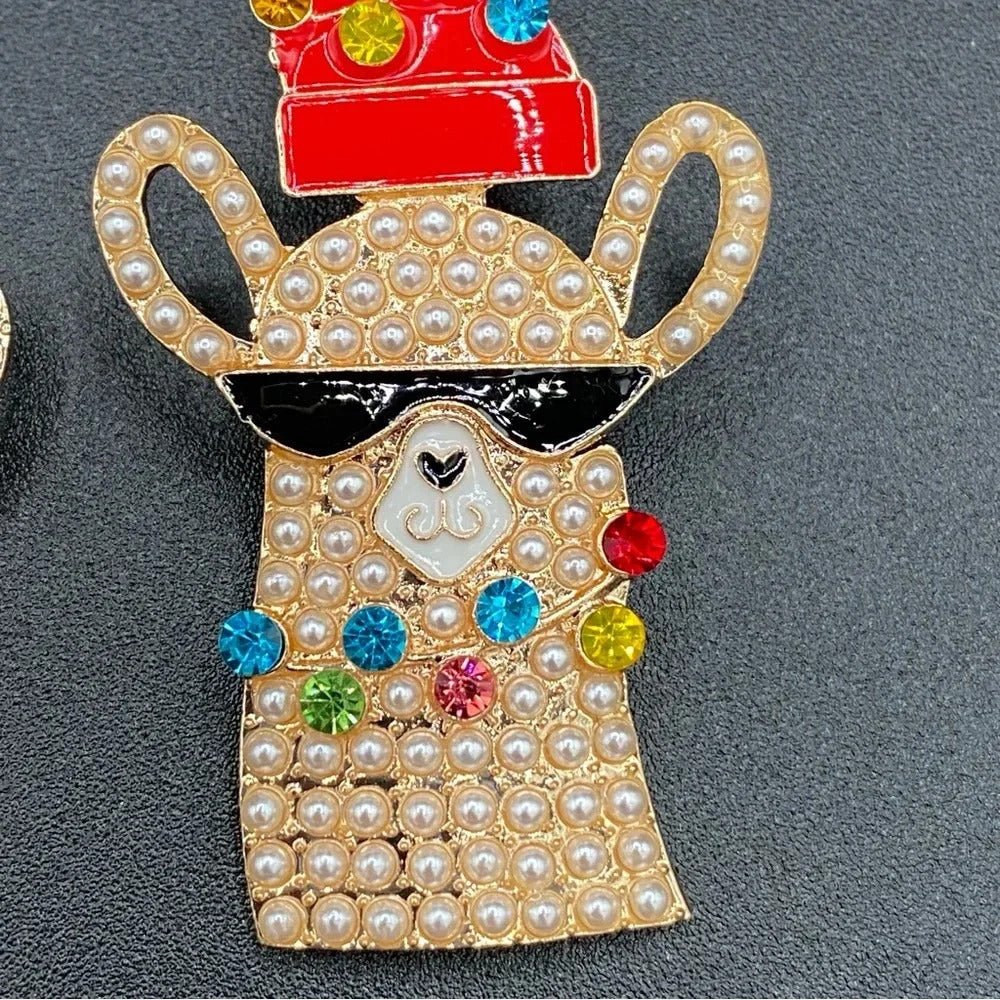 EarringsFestive Llamas with Santa Hat Rhinestone Christmas Earrings — Pierced