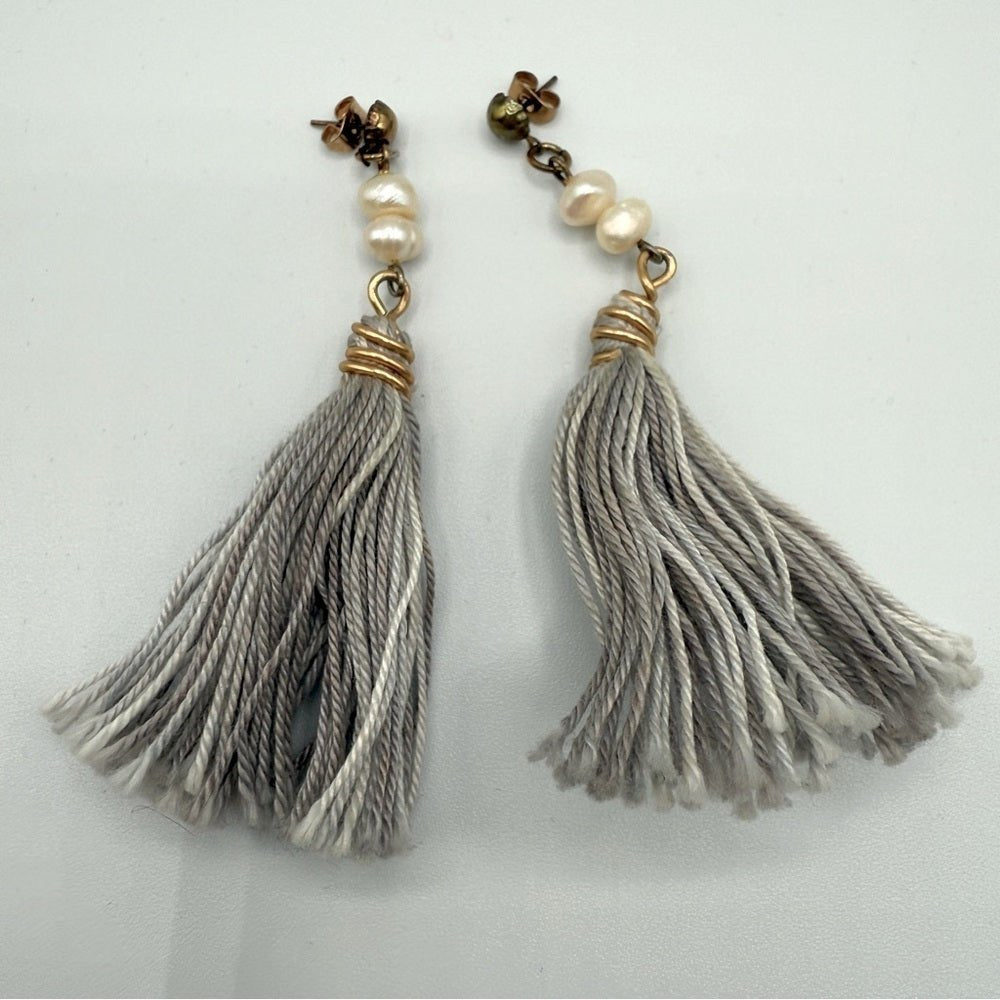 EarringsGenuine Baroque Pearl & Grey Tassel Earrings — Pierced