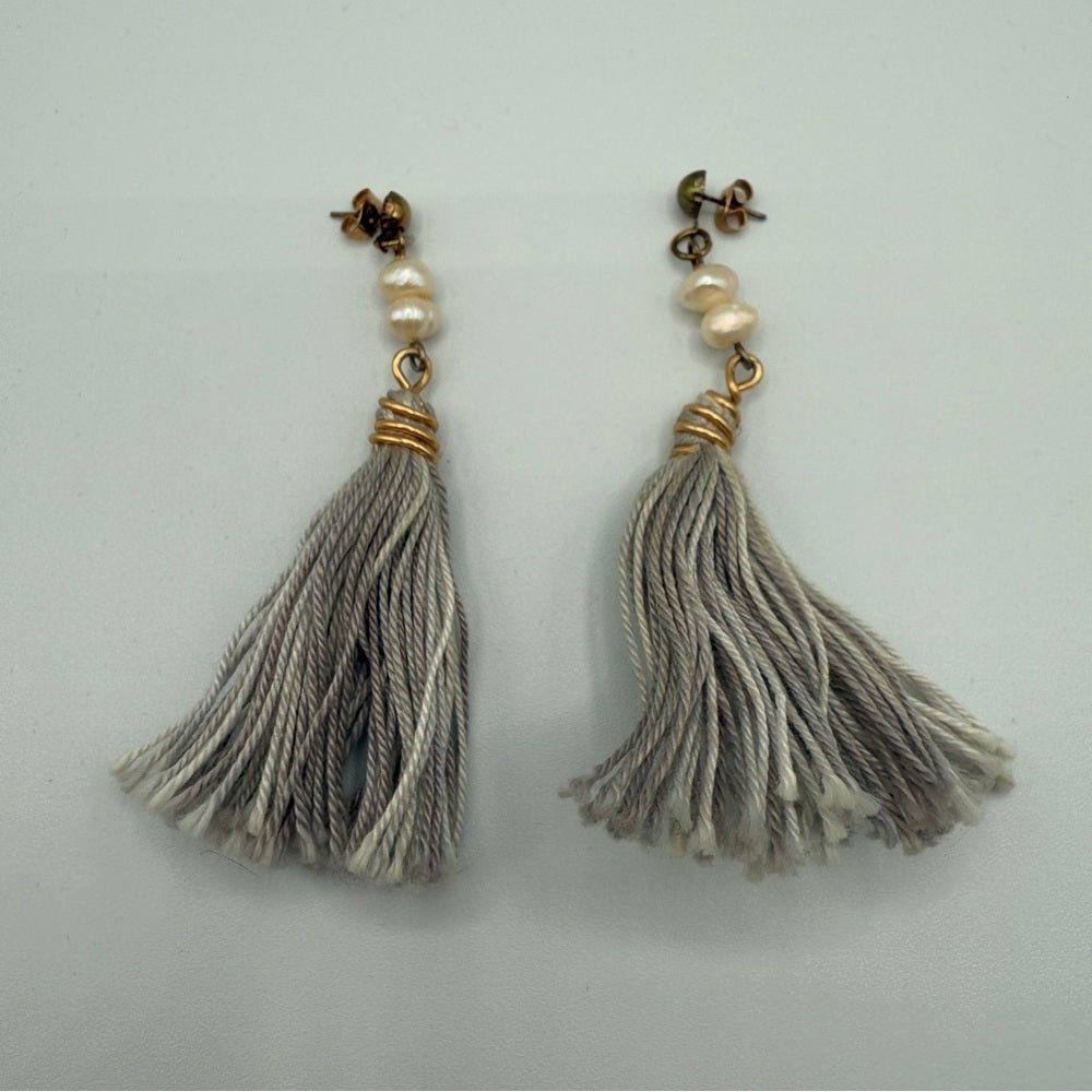 EarringsGenuine Baroque Pearl & Grey Tassel Earrings — Pierced
