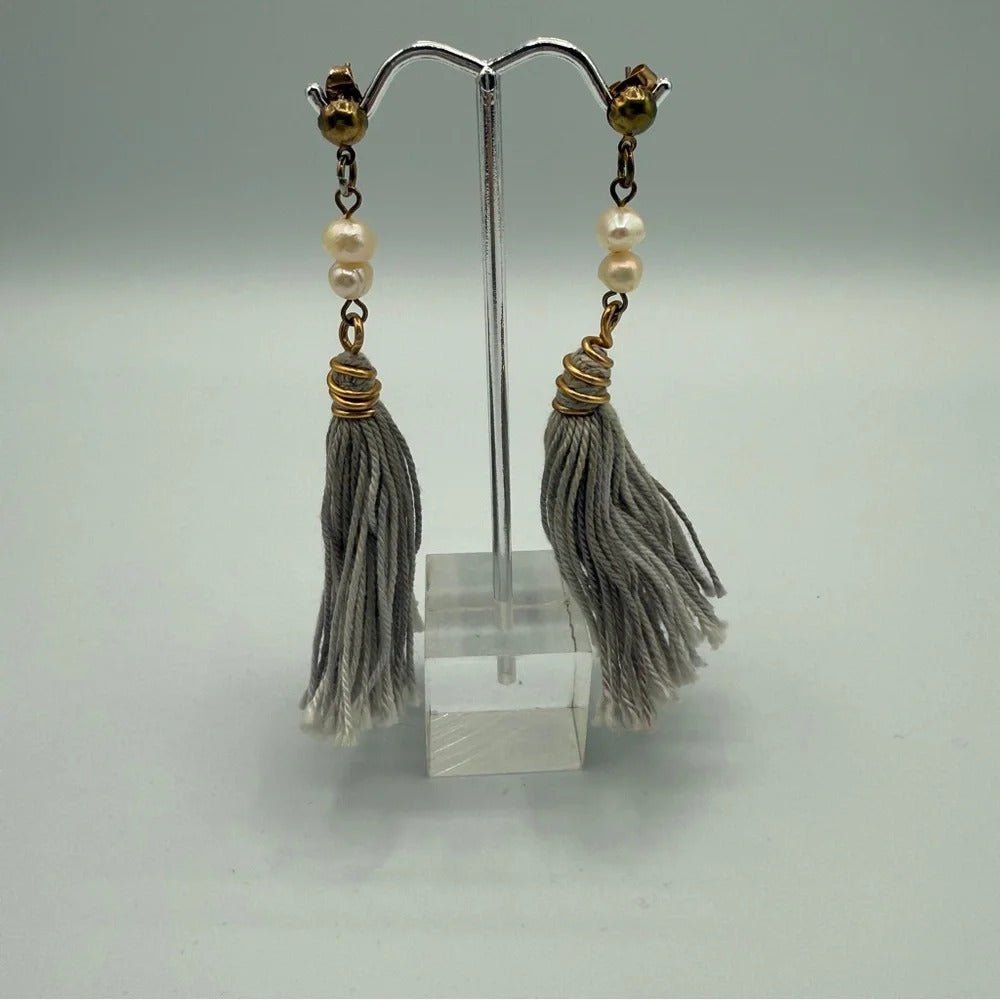 EarringsGenuine Baroque Pearl & Grey Tassel Earrings — Pierced