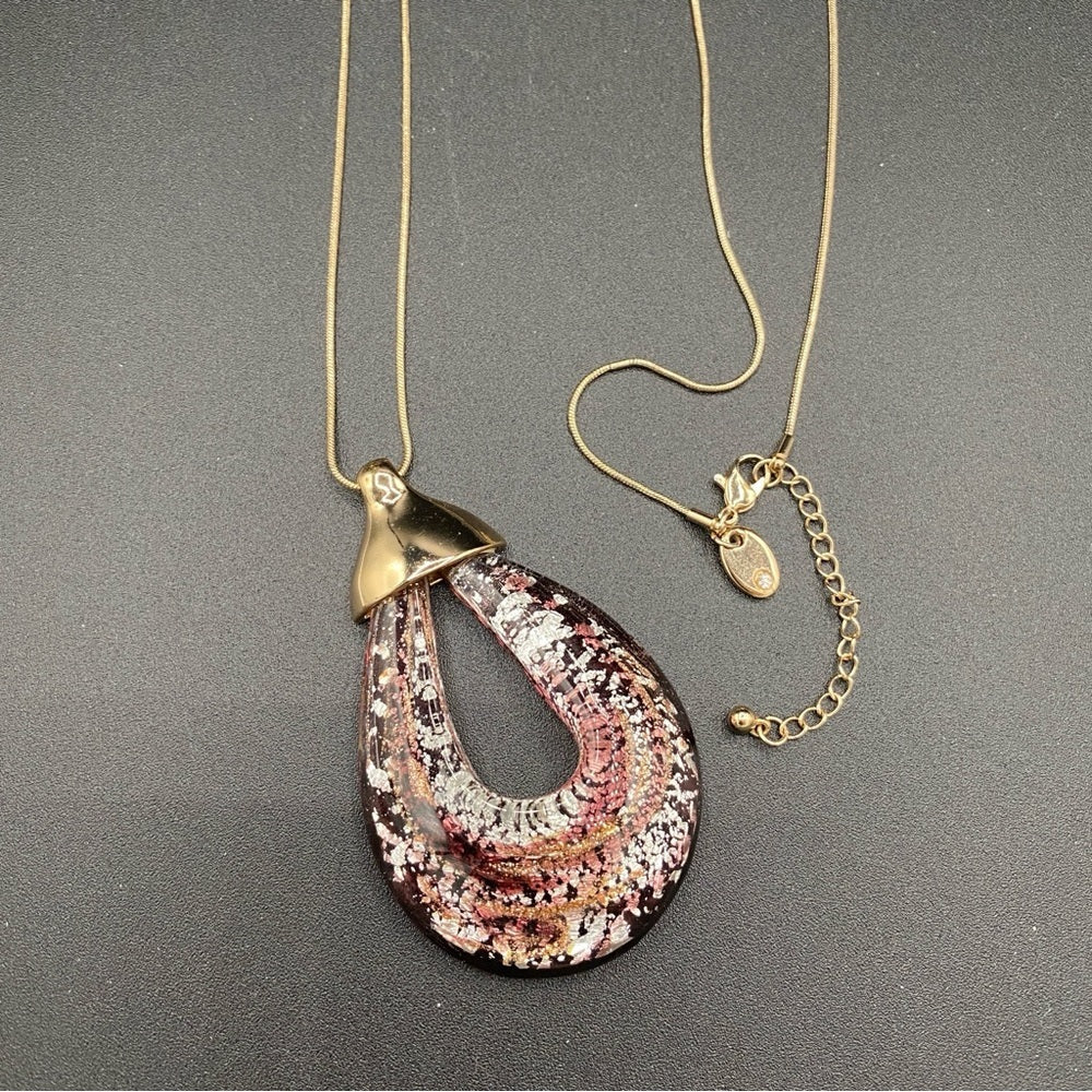 NecklaceGlass Pendant Necklace - Venetian Purple Glass and Gold Tone Long Pendant Necklace