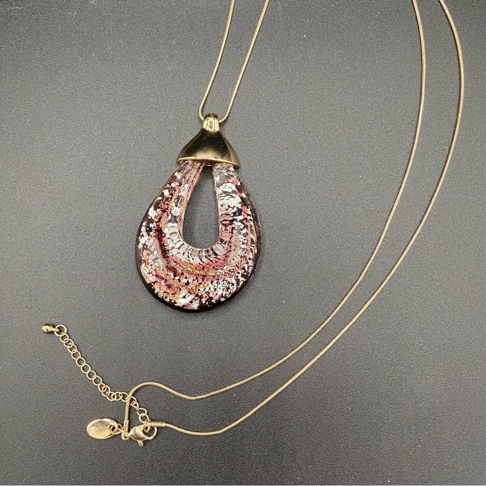 NecklaceGlass Pendant Necklace - Venetian Purple Glass and Gold Tone Long Pendant Necklace