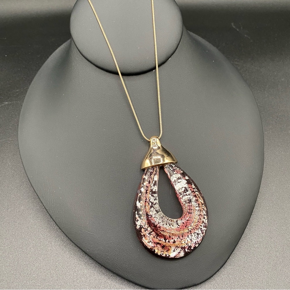 NecklaceGlass Pendant Necklace - Venetian Purple Glass and Gold Tone Long Pendant Necklace