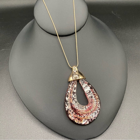NecklaceGlass Pendant Necklace - Venetian Purple Glass and Gold Tone Long Pendant Necklace