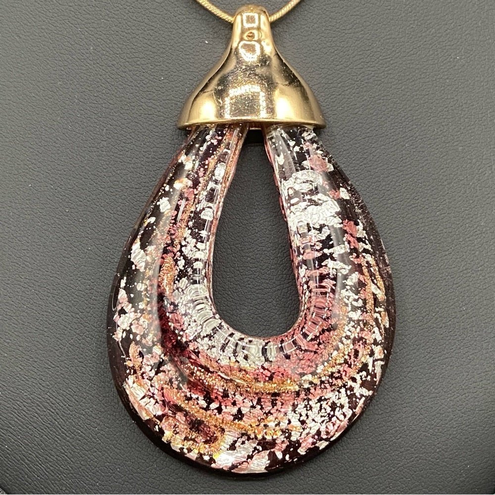 NecklaceGlass Pendant Necklace - Venetian Purple Glass and Gold Tone Long Pendant Necklace