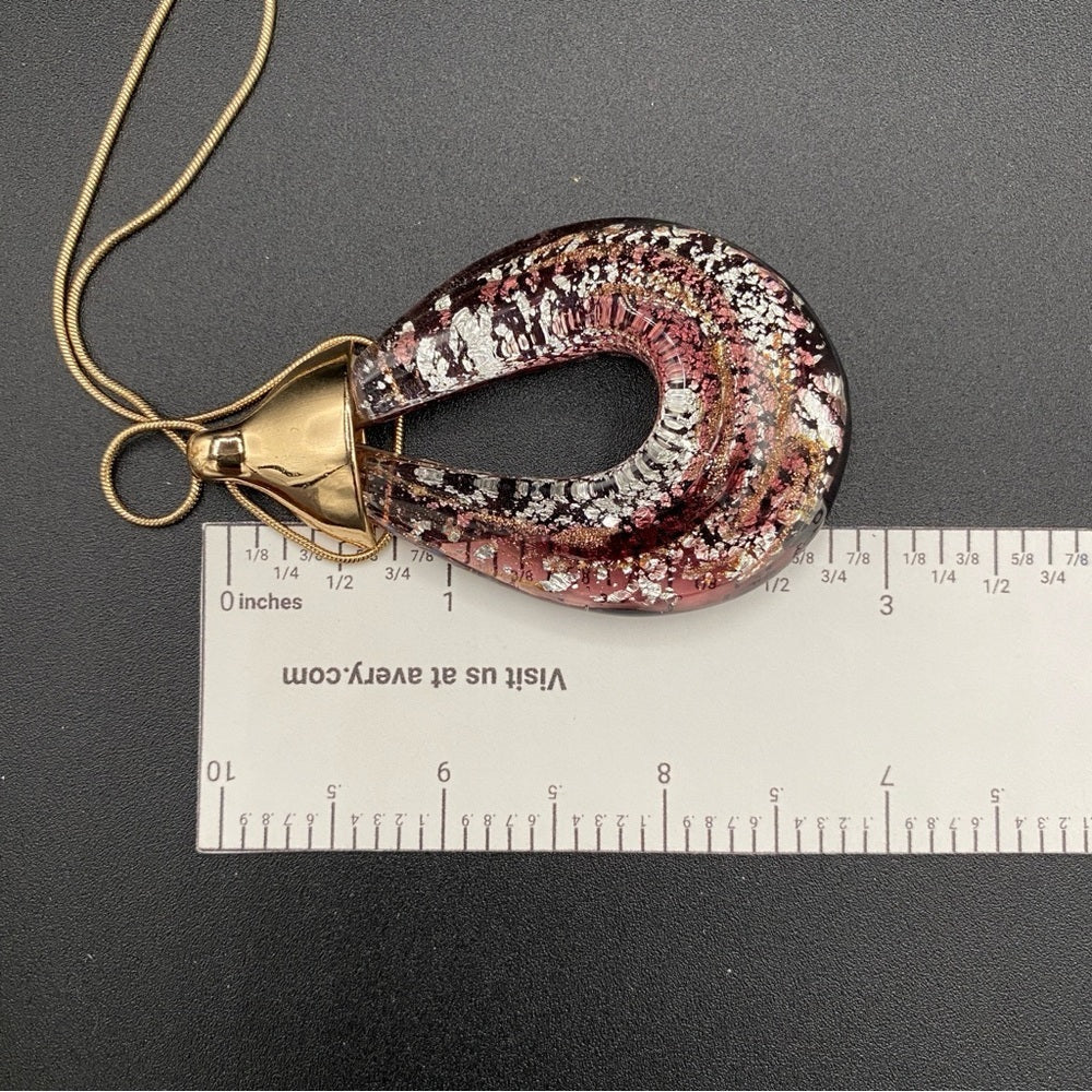 NecklaceGlass Pendant Necklace - Venetian Purple Glass and Gold Tone Long Pendant Necklace
