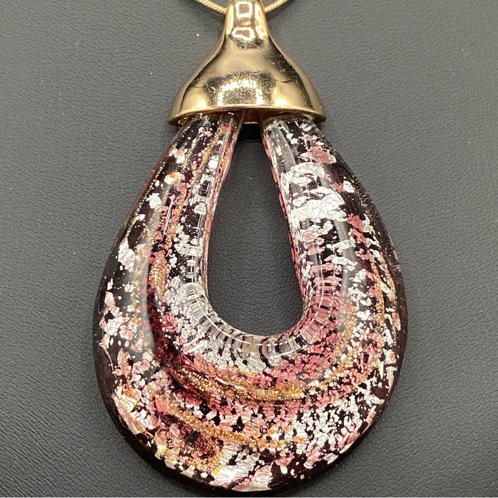 NecklaceGlass Pendant Necklace - Venetian Purple Glass and Gold Tone Long Pendant Necklace