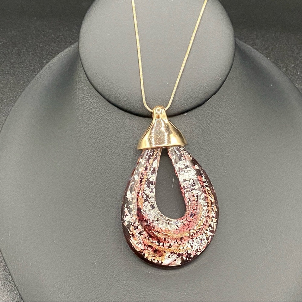 NecklaceGlass Pendant Necklace - Venetian Purple Glass and Gold Tone Long Pendant Necklace
