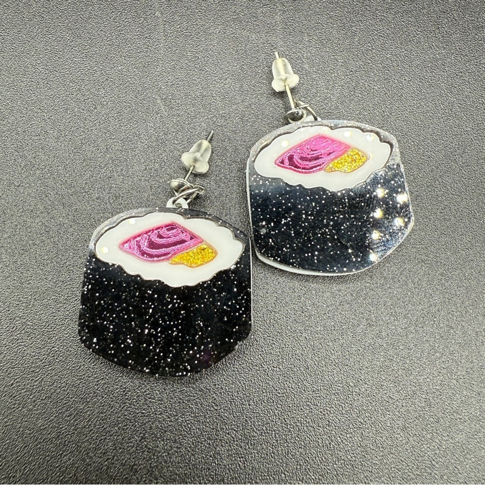 EarringsGlittery Sushi Roll Stud Earrings — Acrylic Foodie Jewelry