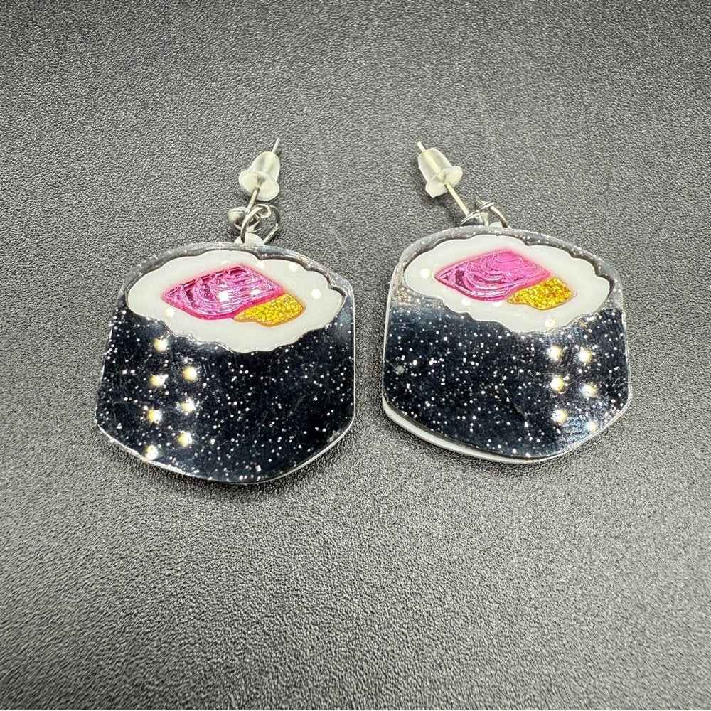 EarringsGlittery Sushi Roll Stud Earrings — Acrylic Foodie Jewelry