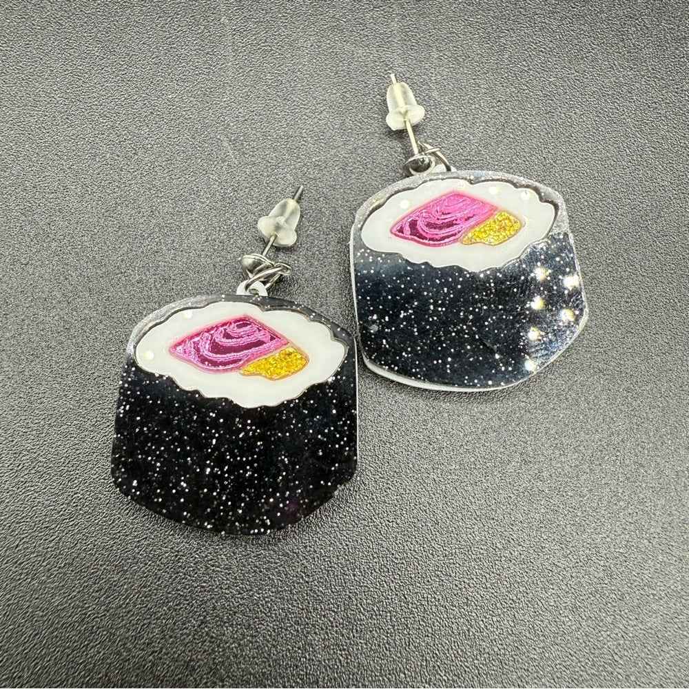 EarringsGlittery Sushi Roll Stud Earrings — Acrylic Foodie Jewelry