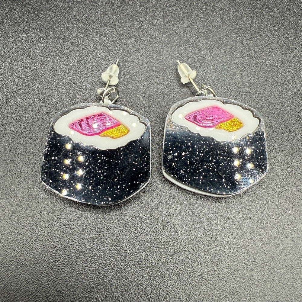 EarringsGlittery Sushi Roll Stud Earrings — Acrylic Foodie Jewelry