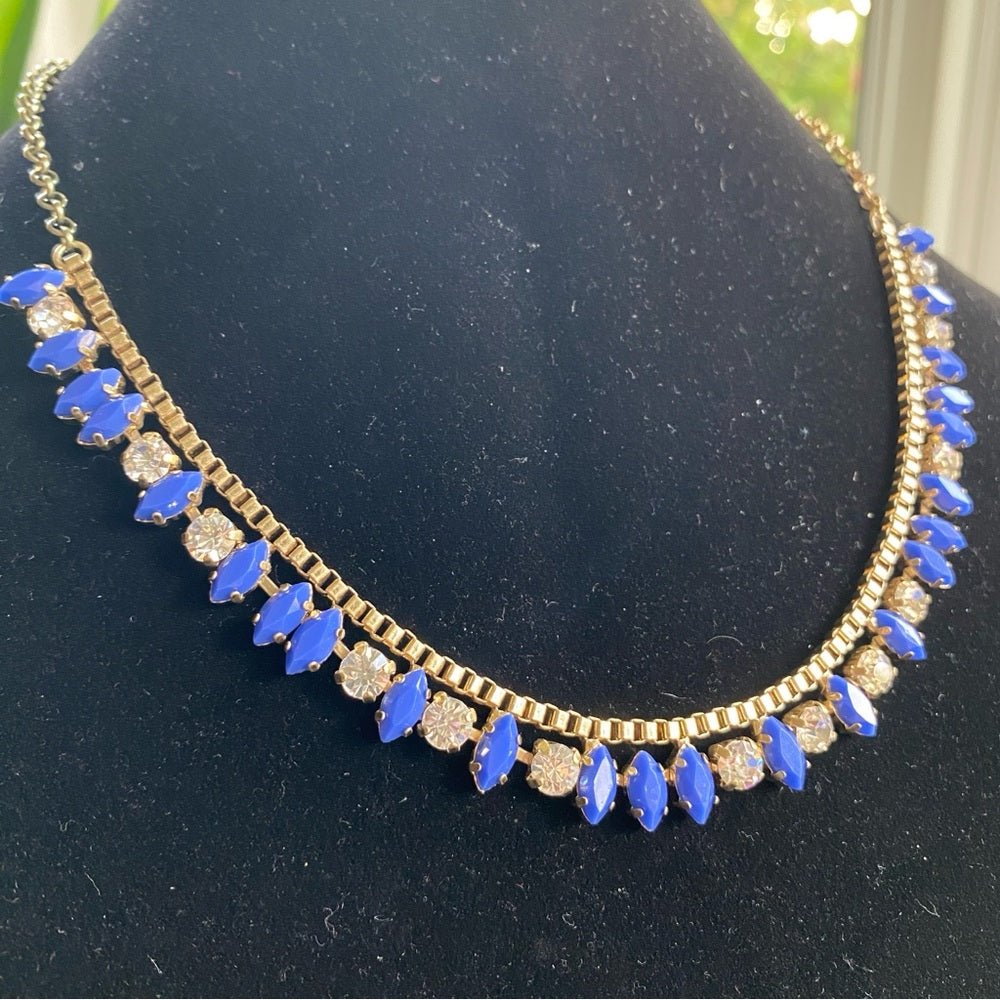 NecklaceJ. Crew Necklace in Gold and Blue Tones with Clear Rhinestone Accents - Vintage J Crew Preppy Style