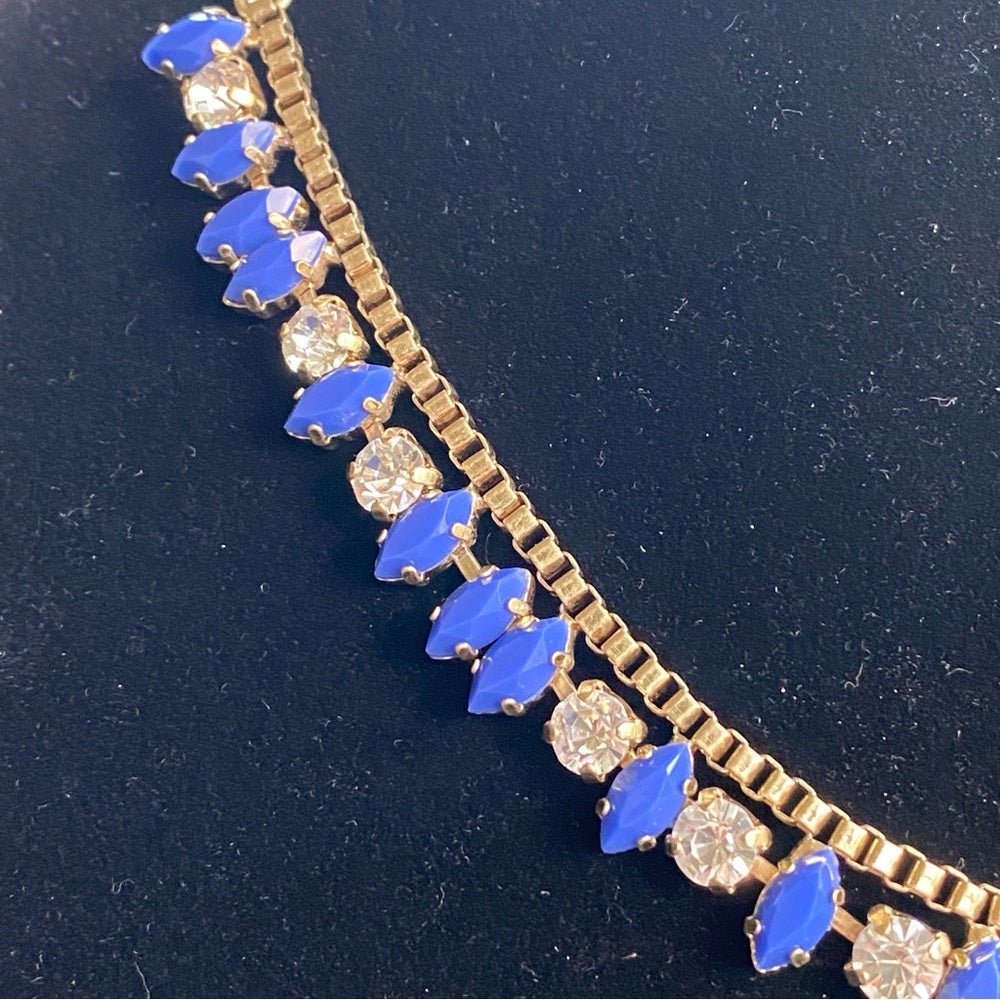 NecklaceJ. Crew Necklace in Gold and Blue Tones with Clear Rhinestone Accents - Vintage J Crew Preppy Style