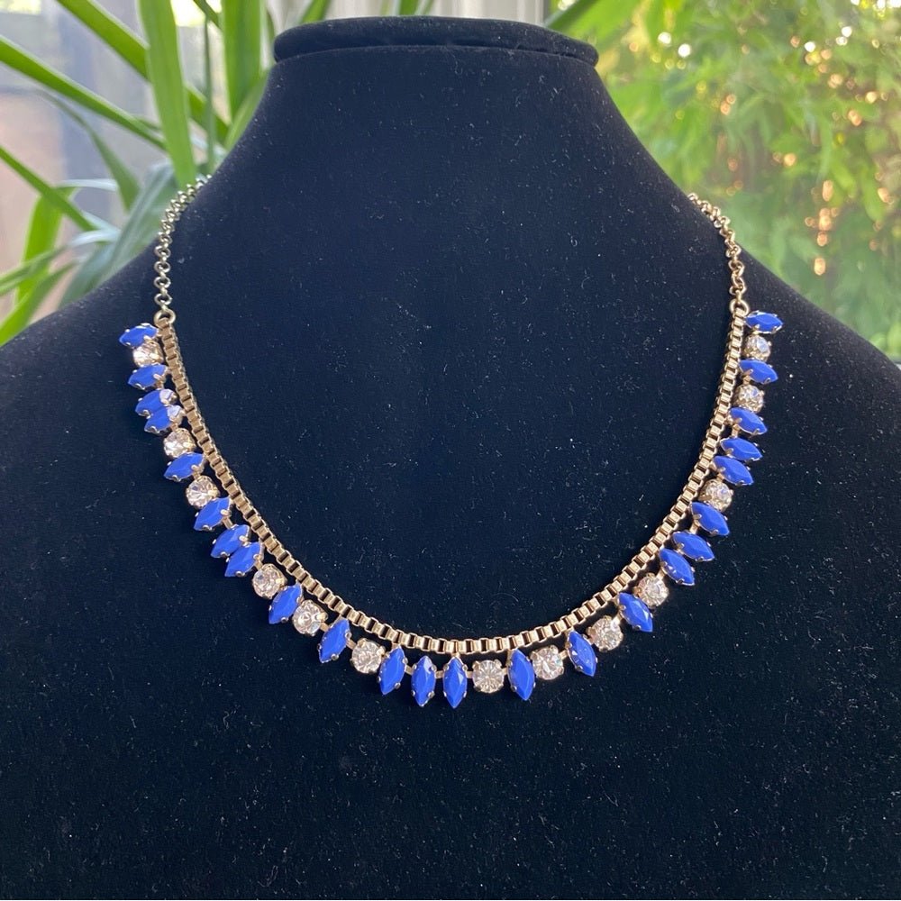 NecklaceJ. Crew Necklace in Gold and Blue Tones with Clear Rhinestone Accents - Vintage J Crew Preppy Style