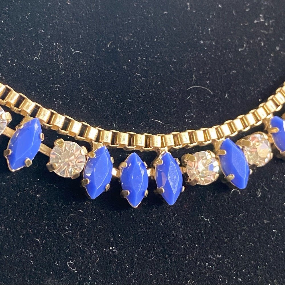 NecklaceJ. Crew Necklace in Gold and Blue Tones with Clear Rhinestone Accents - Vintage J Crew Preppy Style