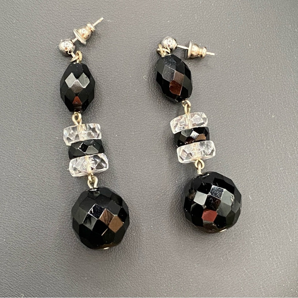 EarringsJet Black Faceted Glass Bead Dangle Earrings