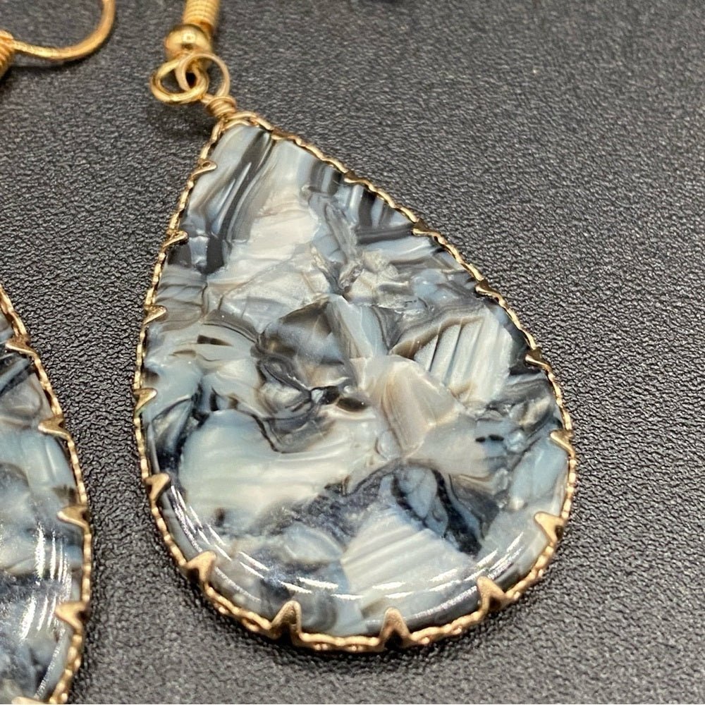 EarringsMarbled Black & Grey Lucite Teardrop Earrings — Gold-Tone Edge