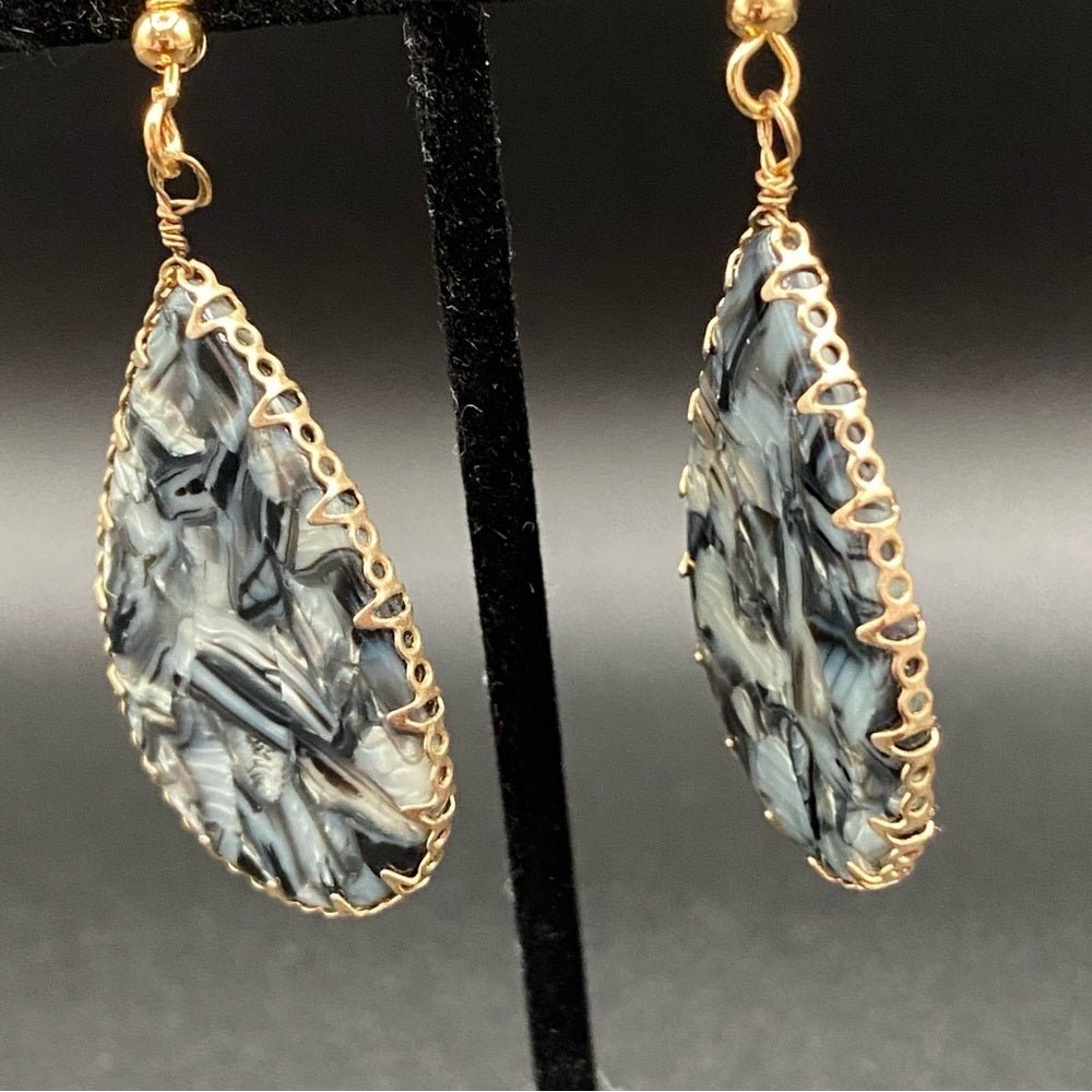 EarringsMarbled Black & Grey Lucite Teardrop Earrings — Gold-Tone Edge