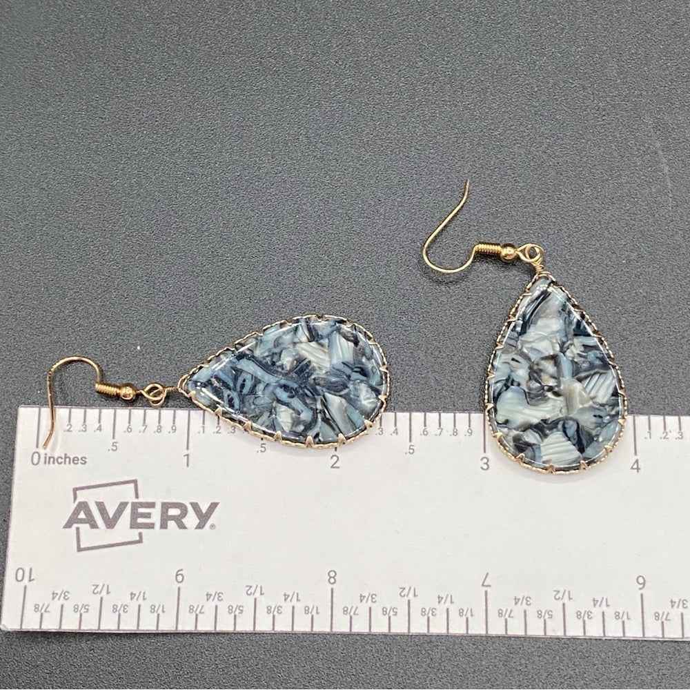 EarringsMarbled Black & Grey Lucite Teardrop Earrings — Gold-Tone Edge