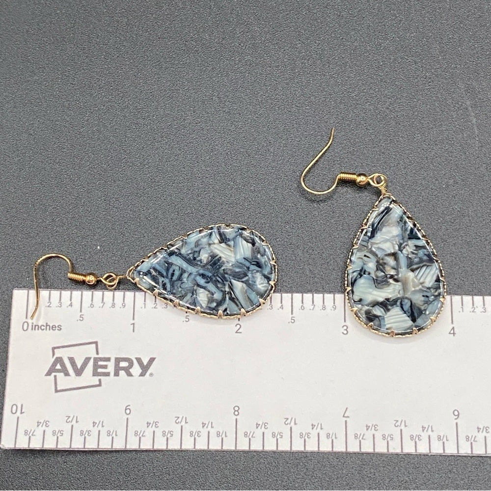 EarringsMarbled Black & Grey Lucite Teardrop Earrings — Gold-Tone Edge
