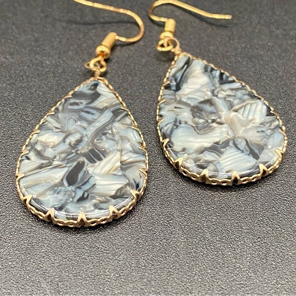EarringsMarbled Black & Grey Lucite Teardrop Earrings — Gold-Tone Edge