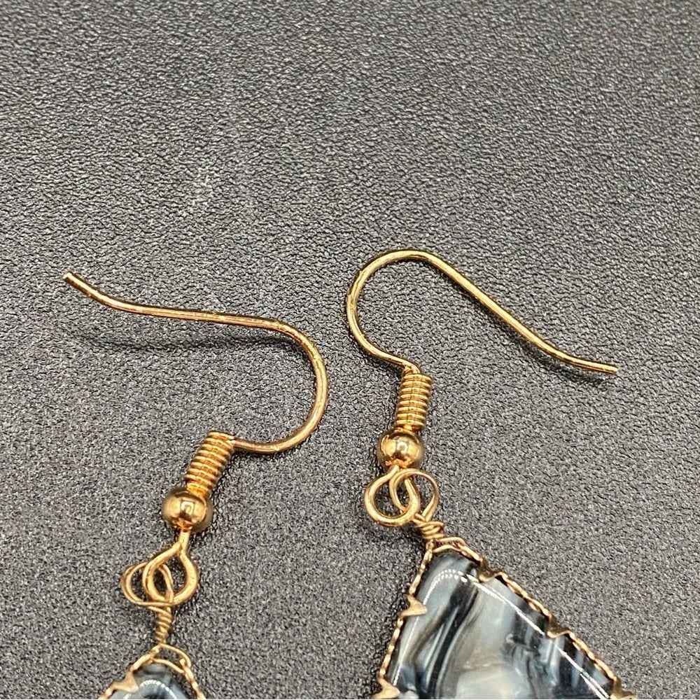 EarringsMarbled Black & Grey Lucite Teardrop Earrings — Gold-Tone Edge