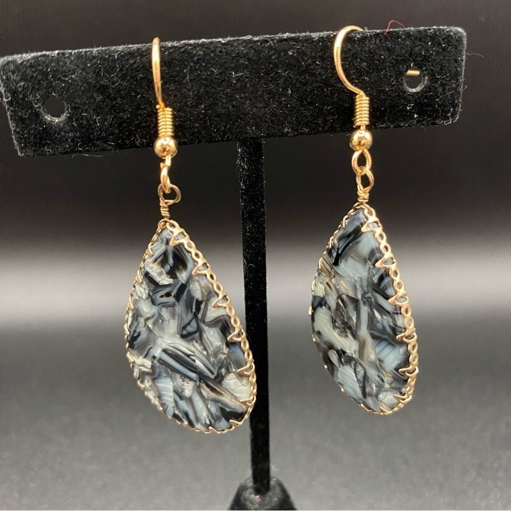 EarringsMarbled Black & Grey Lucite Teardrop Earrings — Gold-Tone Edge