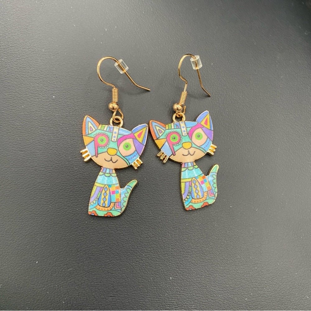 EarringsMosaic Cat Hook Earrings — Gold Tone