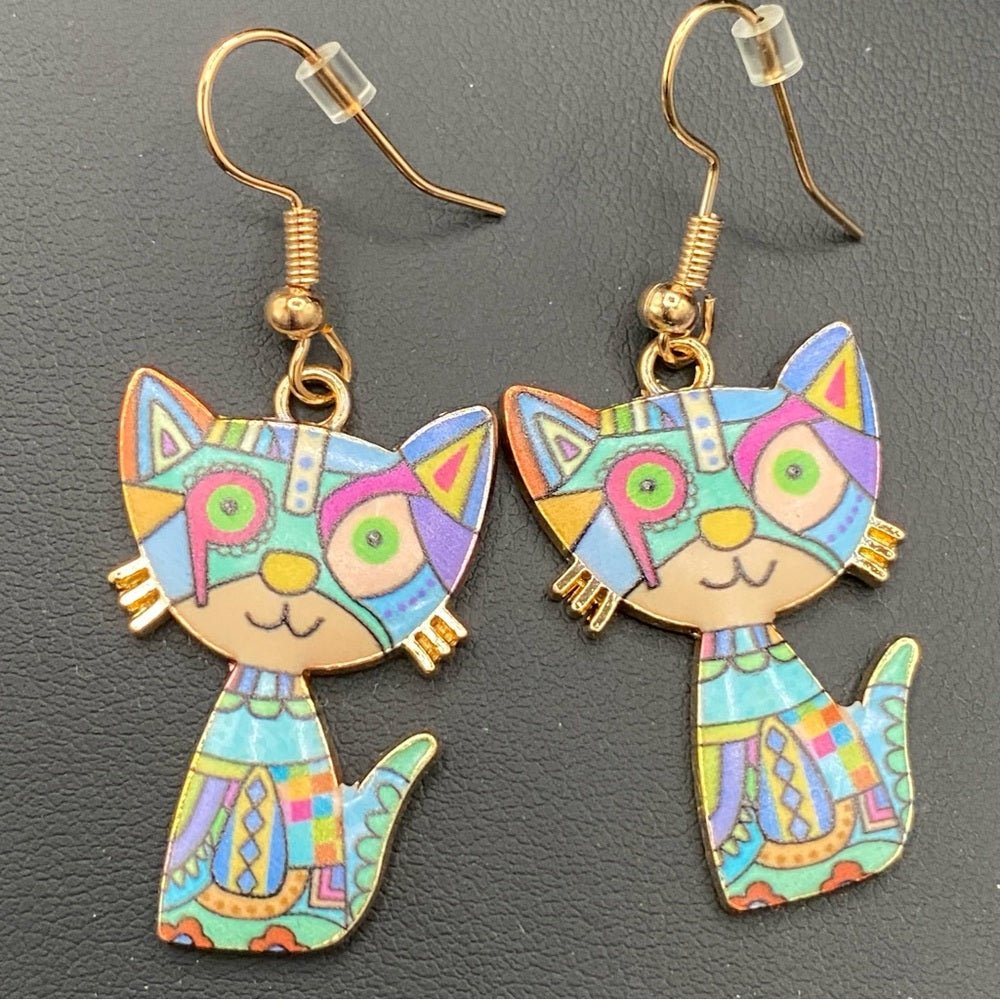 EarringsMosaic Cat Hook Earrings — Gold Tone