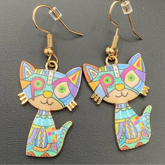 EarringsMosaic Cat Hook Earrings — Gold Tone
