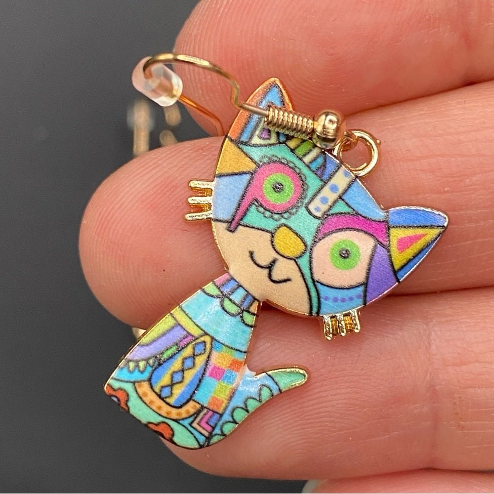 EarringsMosaic Cat Hook Earrings — Gold Tone