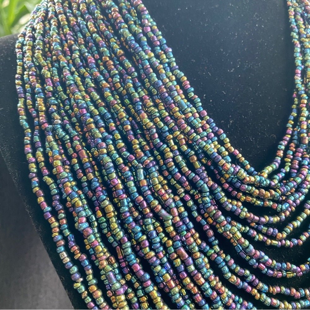 SetsMulti Strand Seed Bead Necklace and Dangly Matching Earrings in Iridescent Purple Blue Hues - Statement Bib Necklace