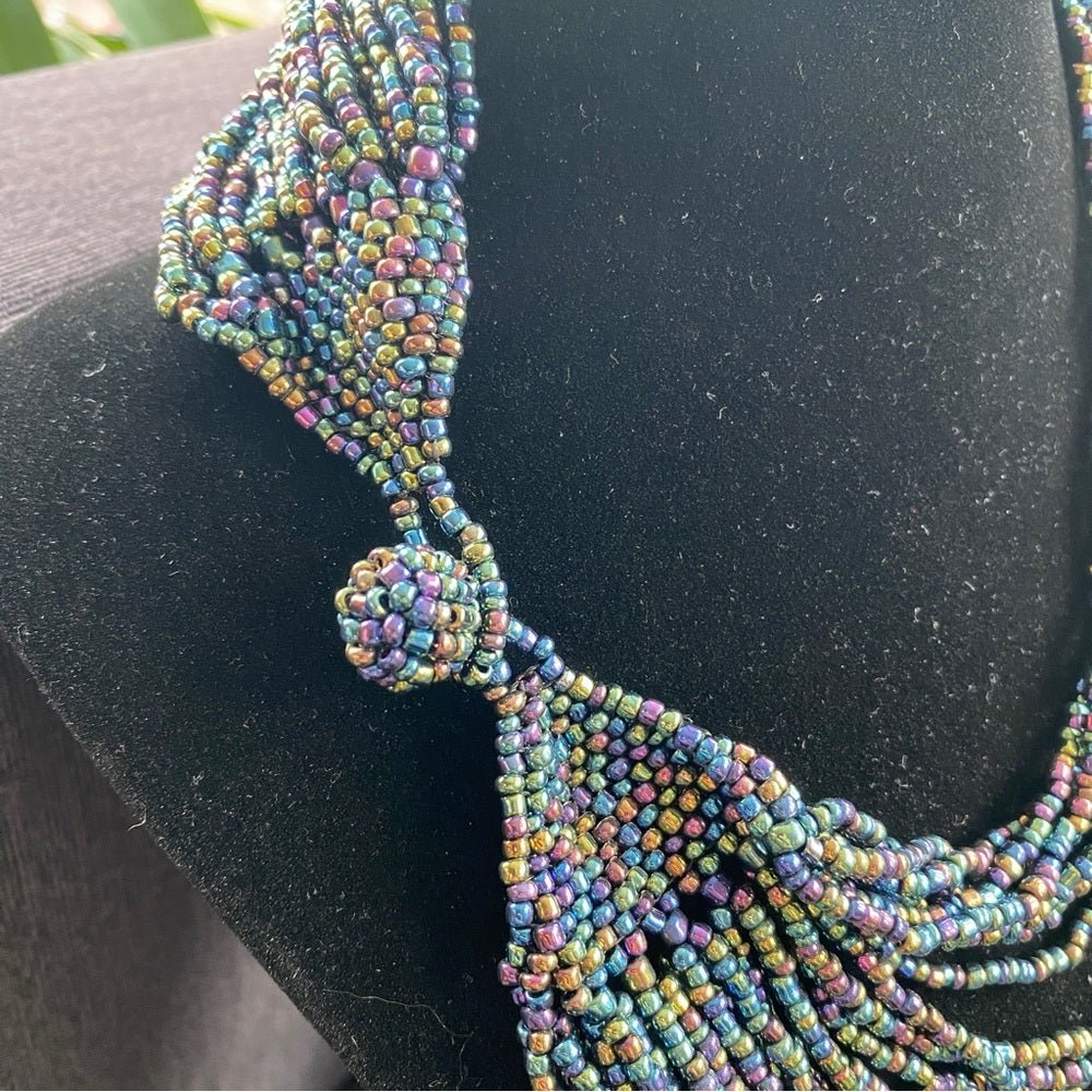 SetsMulti Strand Seed Bead Necklace and Dangly Matching Earrings in Iridescent Purple Blue Hues - Statement Bib Necklace