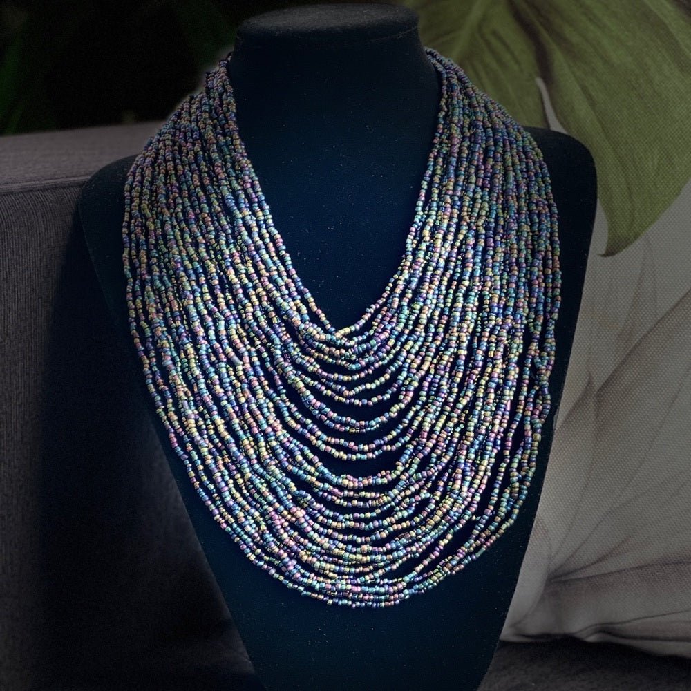 SetsMulti Strand Seed Bead Necklace and Dangly Matching Earrings in Iridescent Purple Blue Hues - Statement Bib Necklace