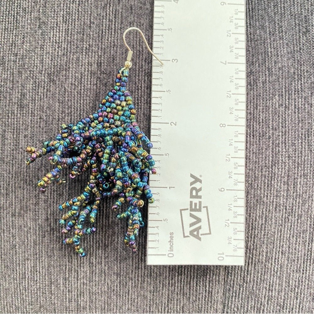 SetsMulti Strand Seed Bead Necklace and Dangly Matching Earrings in Iridescent Purple Blue Hues - Statement Bib Necklace