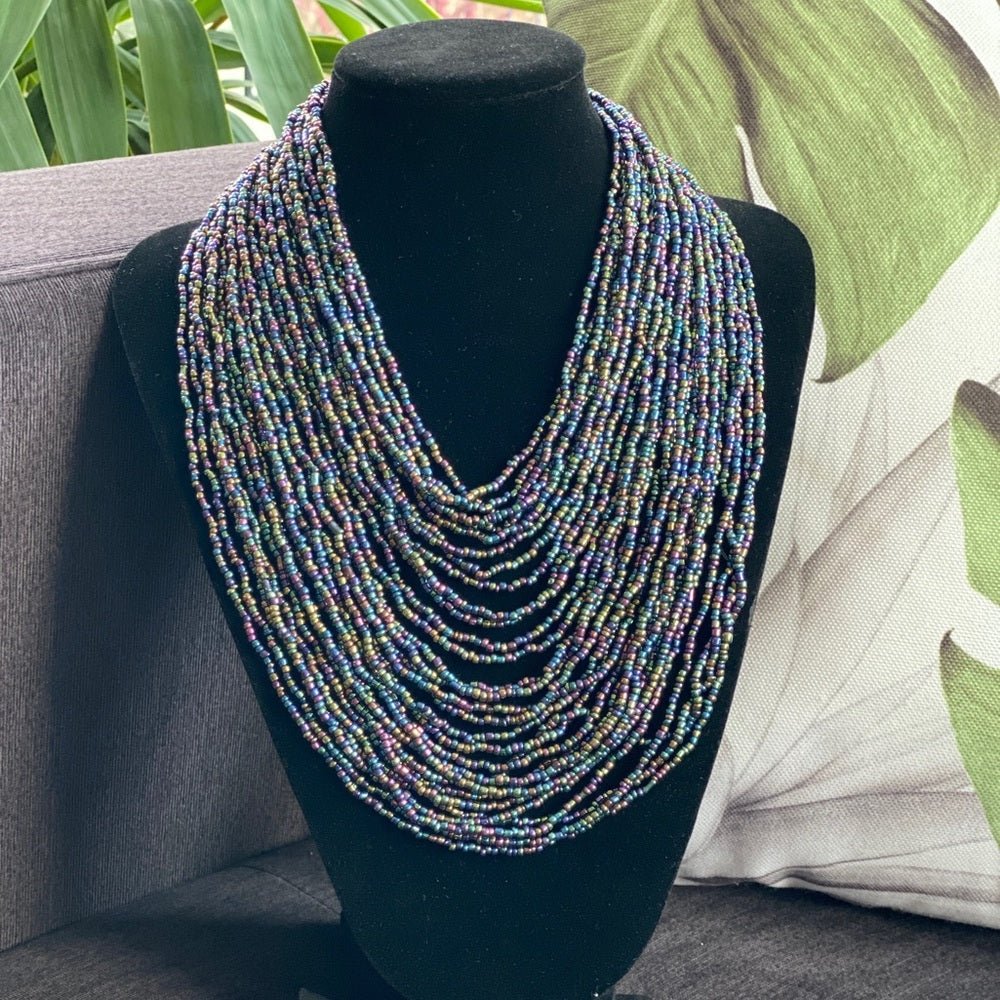 SetsMulti Strand Seed Bead Necklace and Dangly Matching Earrings in Iridescent Purple Blue Hues - Statement Bib Necklace