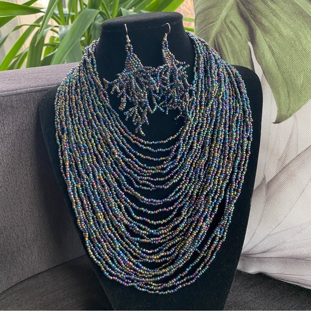 SetsMulti Strand Seed Bead Necklace and Dangly Matching Earrings in Iridescent Purple Blue Hues - Statement Bib Necklace