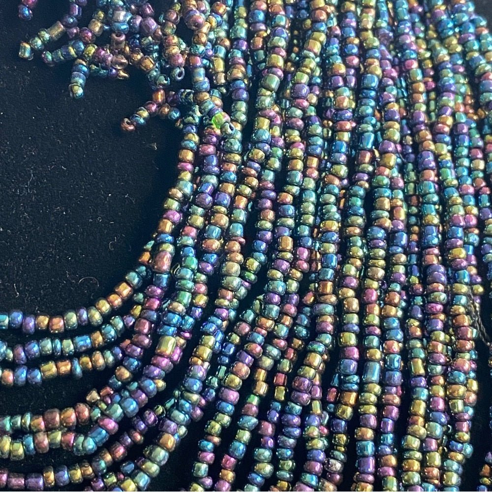 SetsMulti Strand Seed Bead Necklace and Dangly Matching Earrings in Iridescent Purple Blue Hues - Statement Bib Necklace