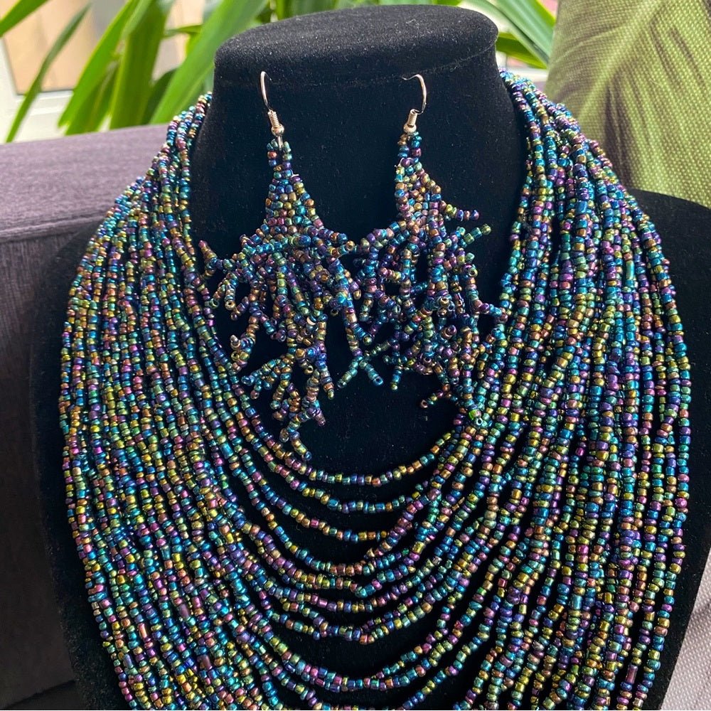 SetsMulti Strand Seed Bead Necklace and Dangly Matching Earrings in Iridescent Purple Blue Hues - Statement Bib Necklace