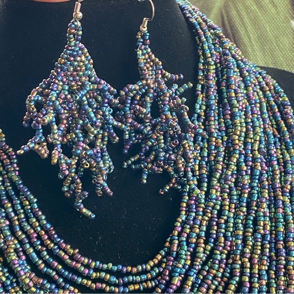 SetsMulti Strand Seed Bead Necklace and Dangly Matching Earrings in Iridescent Purple Blue Hues - Statement Bib Necklace