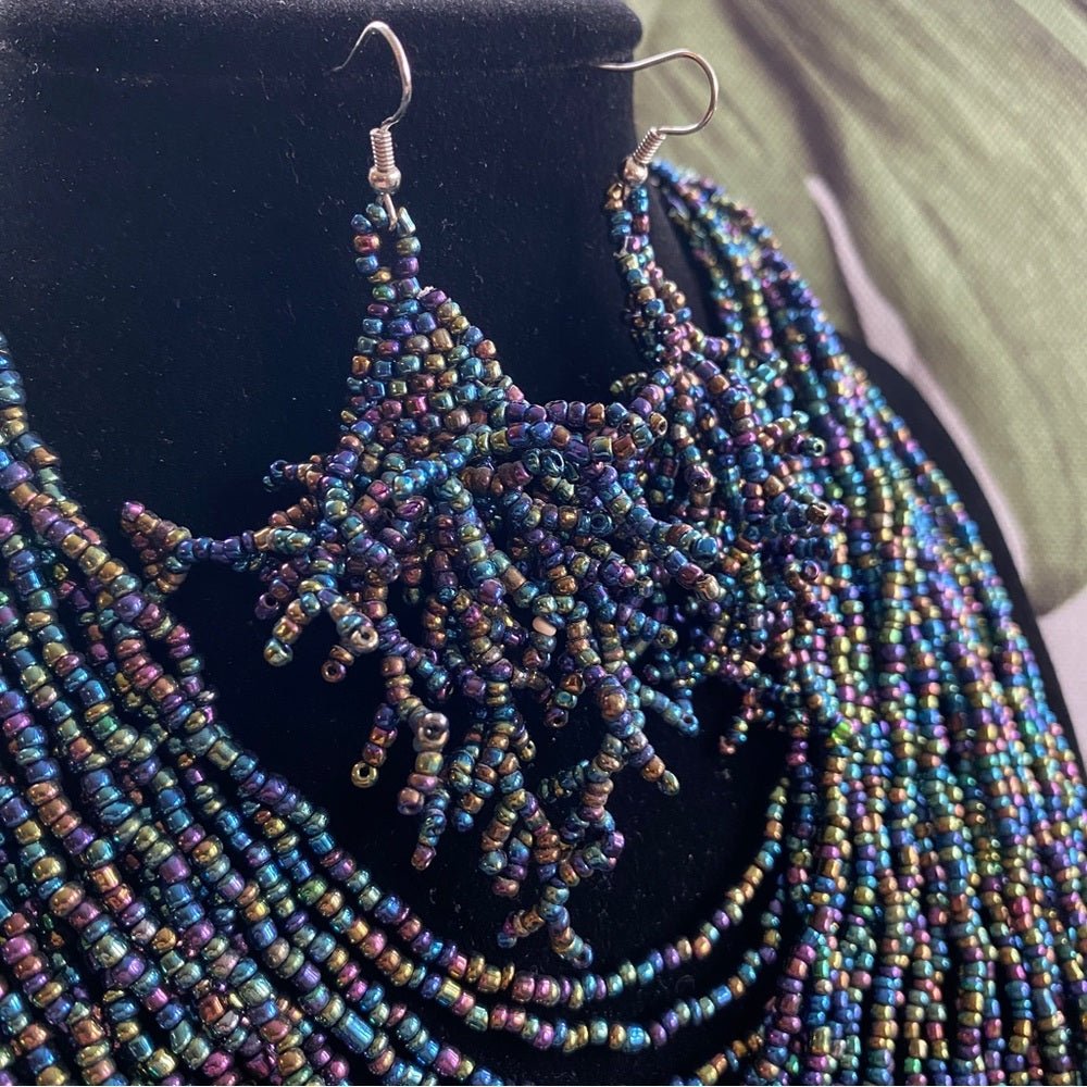 SetsMulti Strand Seed Bead Necklace and Dangly Matching Earrings in Iridescent Purple Blue Hues - Statement Bib Necklace