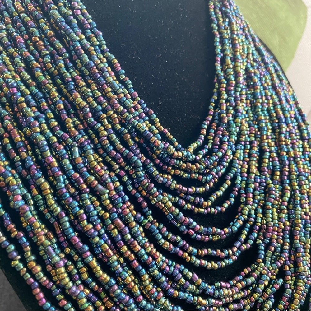 SetsMulti Strand Seed Bead Necklace and Dangly Matching Earrings in Iridescent Purple Blue Hues - Statement Bib Necklace